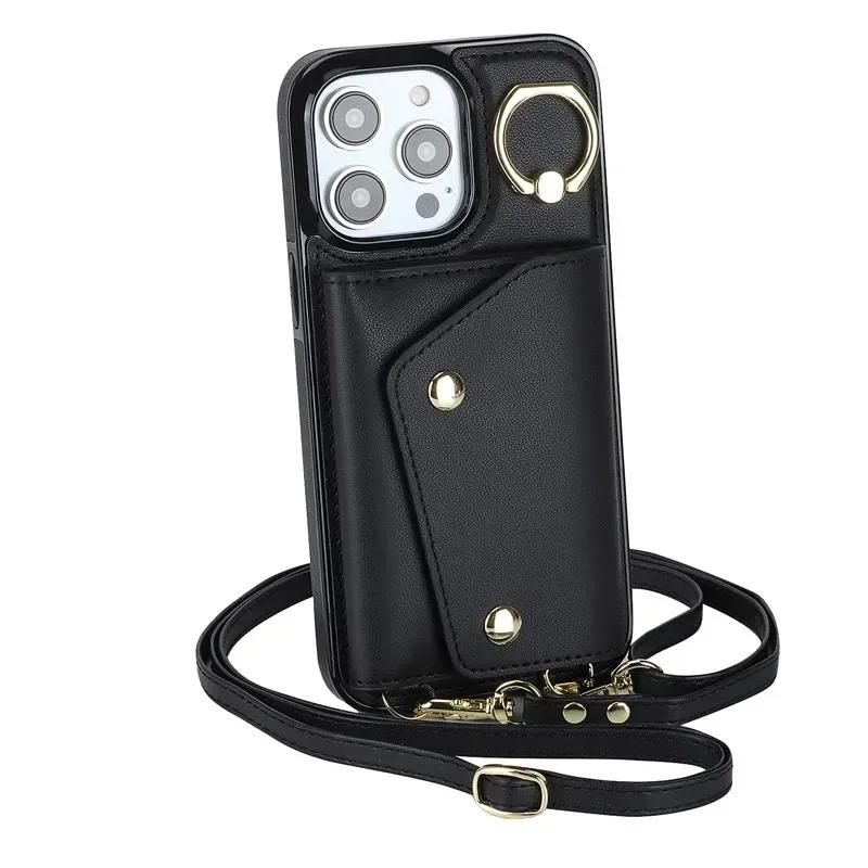 

Lanyard Leather Zipper Wallet Card Phone Case for iPhone 17 Air 16E 16 Pro Max 15 14 Plus 13 12 11 X XR XS Ring Flip Stand Cover iPhone 12 (12 Pro)