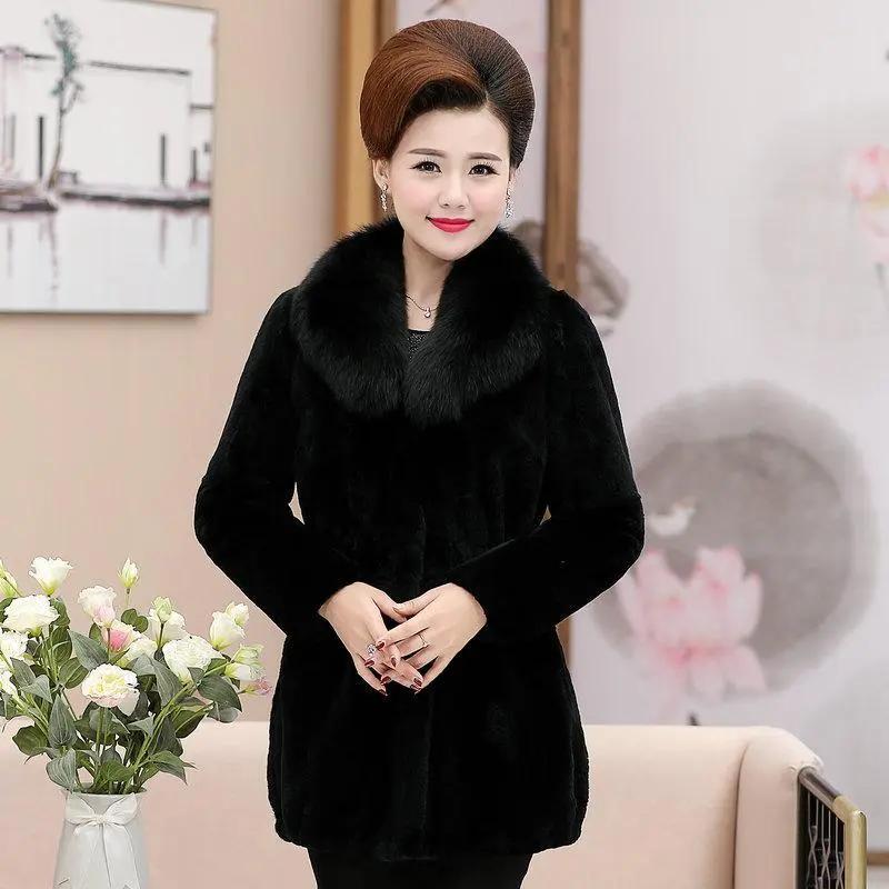 Women's  Winter Plush Thicke High Quality Imitation Fox Fur Collar Coat Faux Fur Coat  Mid-Long Mother Loose Wool Jackets