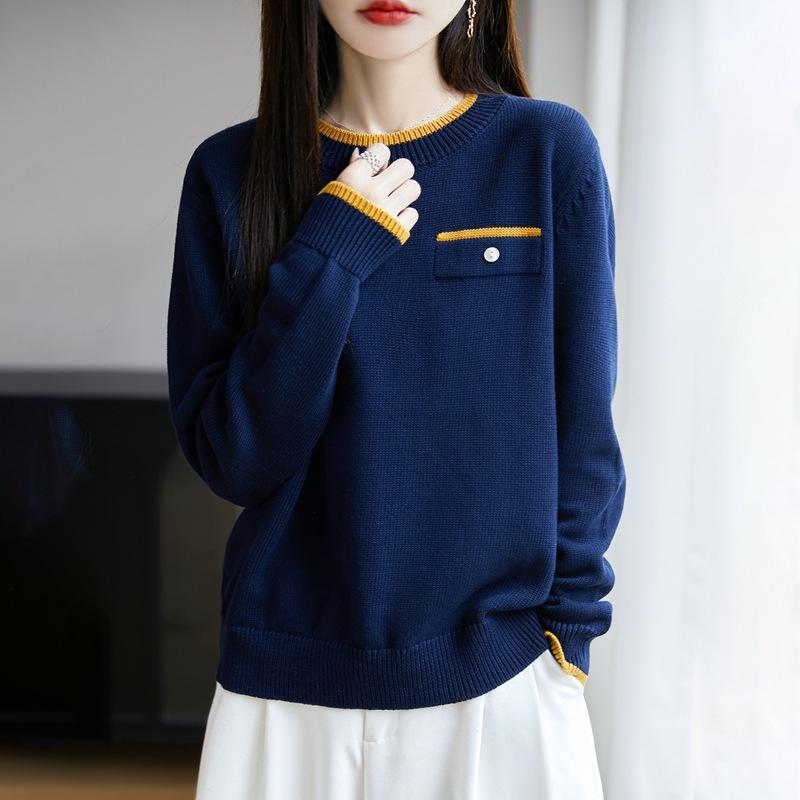 

Простой вязаный свитер, футболка с длинным рукавом, короткий свободный свитер, стройнящий, маленькое пальто, многослойный топ для осени и зимы XL темно-синий