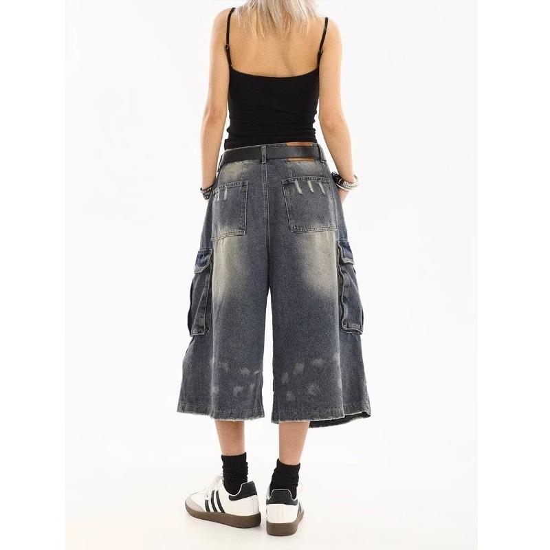 Regular no summer cropped pants design sense multi-pocket tooling denim cropped shorts women's straight pants high waist