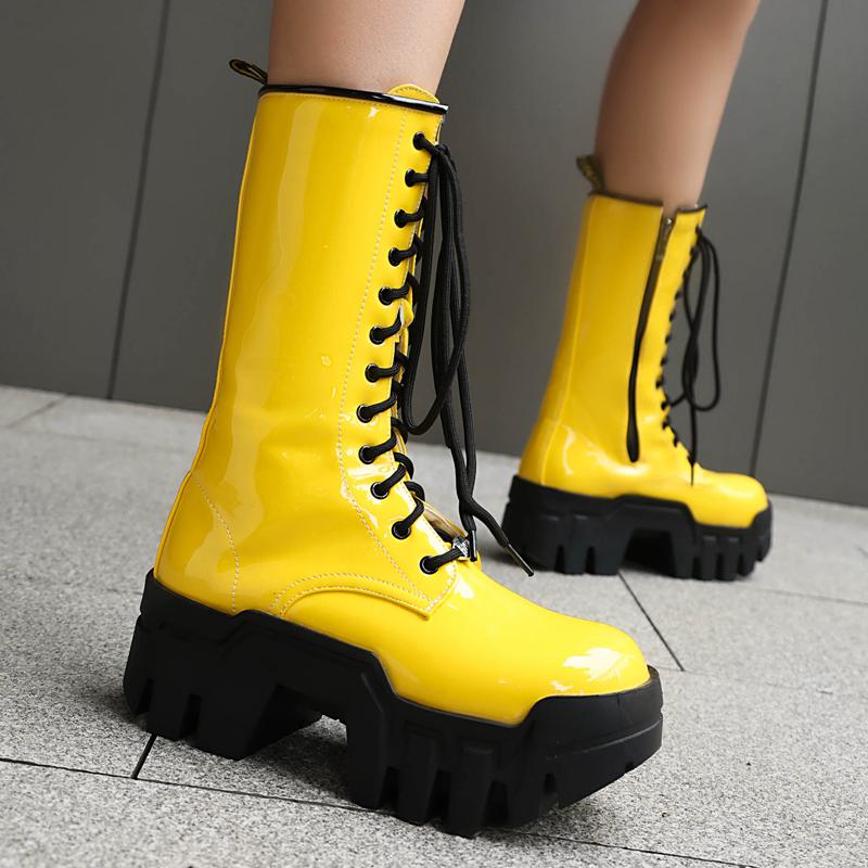 Bottines à lacets sexy pour femmes, chaussures d'hiver à plateforme, courtes, punk, talons hauts, noires, jaunes, oranges, fermeture éclair, chaussures gothiques d'automne