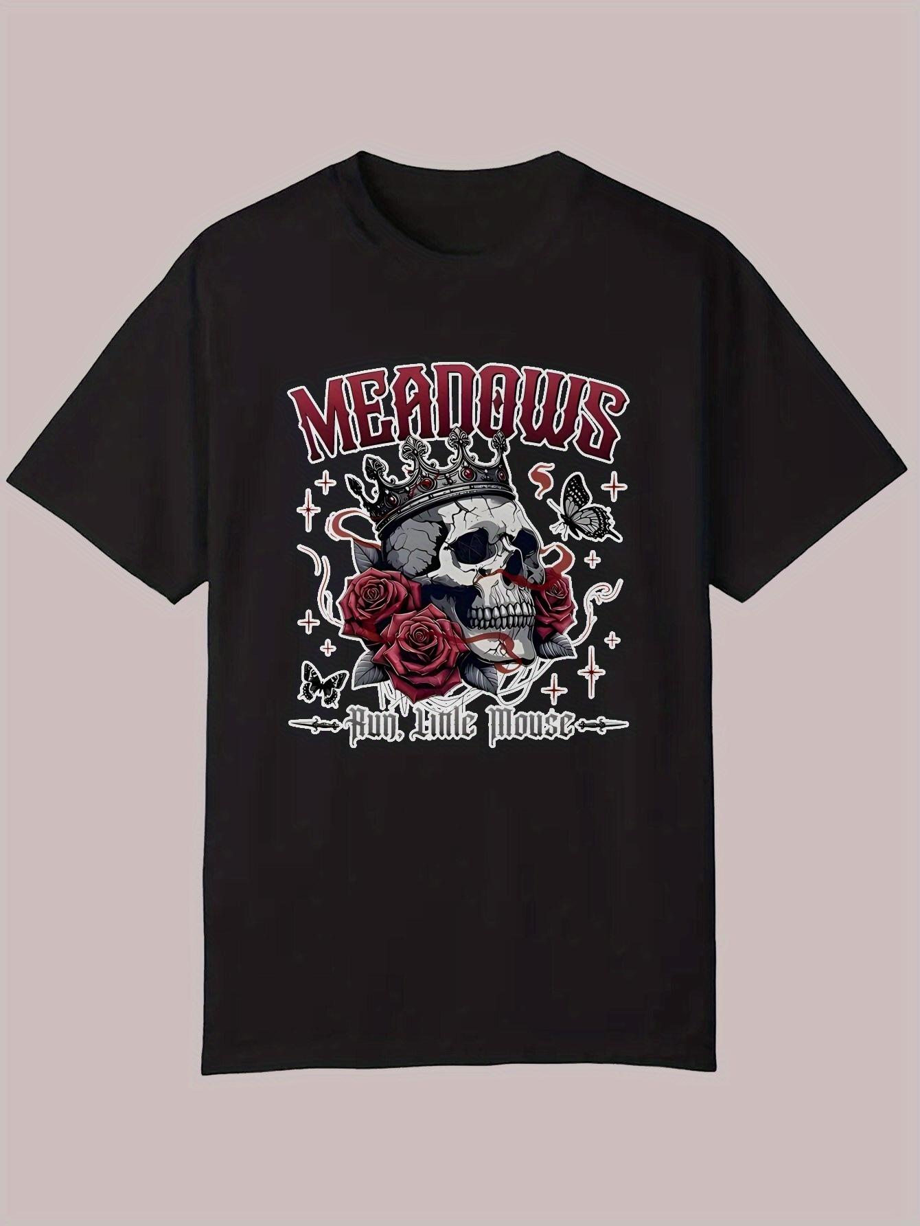 Black T-shirt with Skull & Roses Graphic Print - Meadows Design S