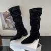 Fashion 2025 Design Pleated Woman Knee-High Boots Fashion Pointed Toe Long Booties Autumn Winter Square Heels Slim Shoes