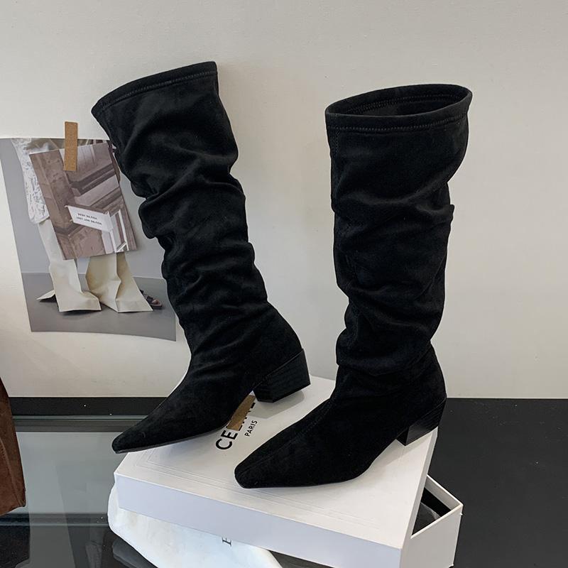 Fashion 2025 Design Pleated Woman Knee-High Boots Fashion Pointed Toe Long Booties Autumn Winter Square Heels Slim Shoes