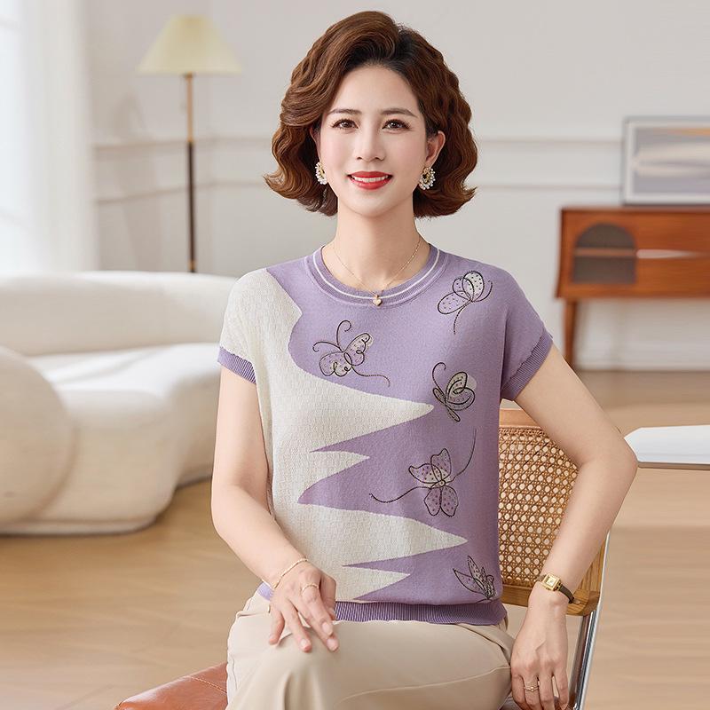 Women's Summer Ice Silk Short-Sleeve Knit Top - Loose Fit, Round Neck for Middle-Aged and Older