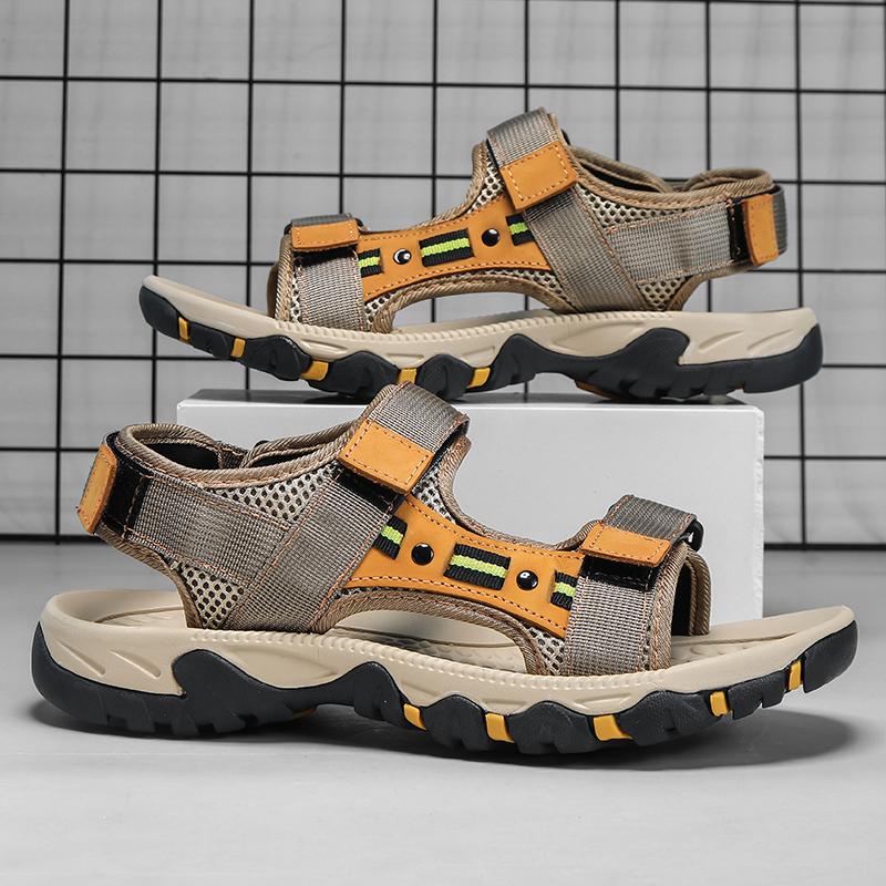 

Мужские походные сандалии черные кожаные уличные летние коричневые широкие ладонные туфли цвета хаки пляжная обувь больших размеров с открытым носком больших размеров EU:46 хаки