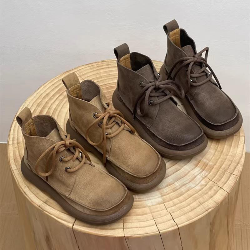 Fashion Women's Genuine Leather Ankle Boots Plush Fur Warm Winter Ladies Flat Shoes British Style Lace-Up Round Toe Women Short Boots