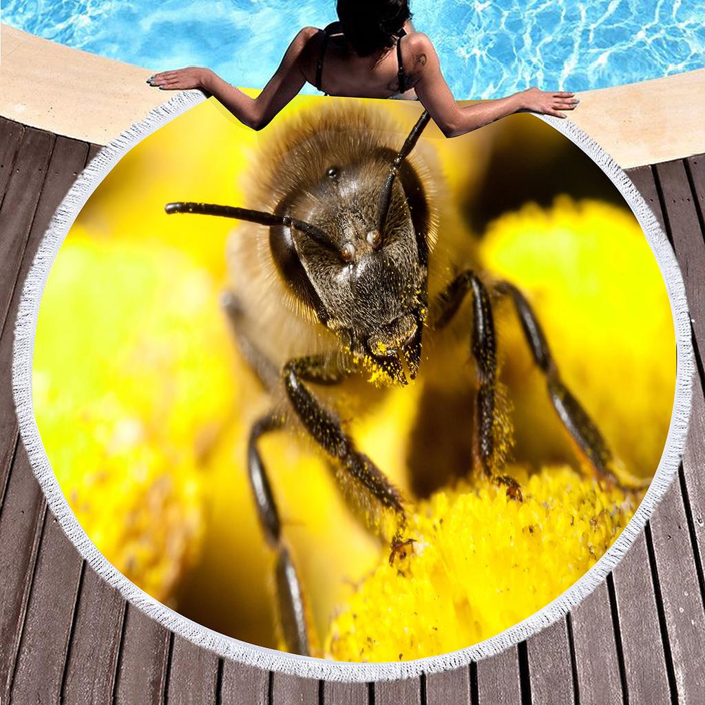 Yellow Bee Round Beach Towel Microfiber Quick Dry Lightweight Cartoon Animal Beach Blanket Throw Roundie Swim Pool Circle Towel