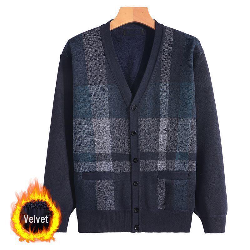 Men's V-Neck Thick Fleece Cardigan: Warm Knitwear for Dad and Grandpa