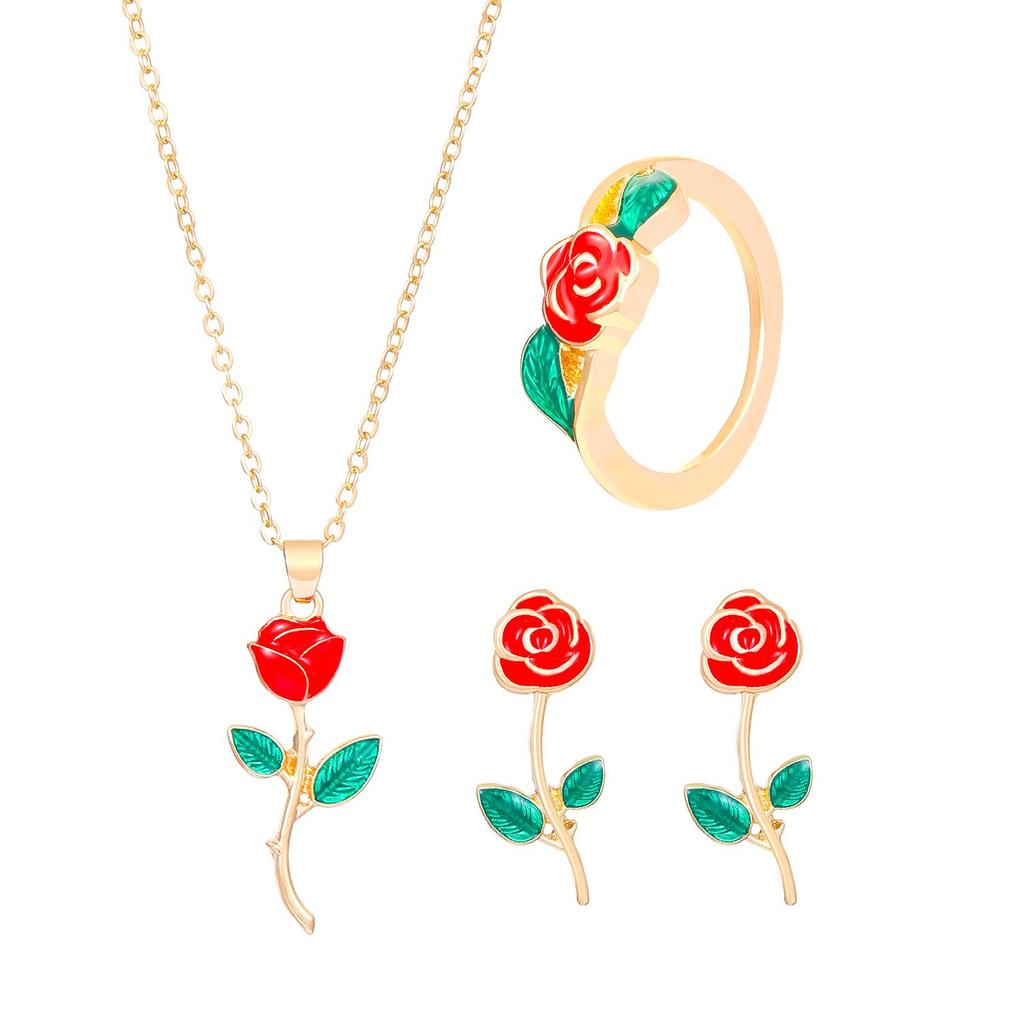 Summer Rose Jewelry Set: Women's Pendant Necklace, Earrings & Ring for Valentine's Day