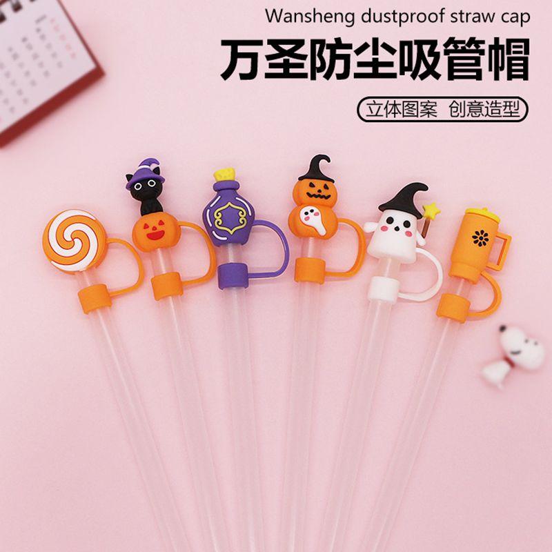 10Mm 0.4In Halloween Straw Cover Cap Silicone Straw Topper For Cup Kawaii 3D Reusable Straw Halloween Party Gift Decor