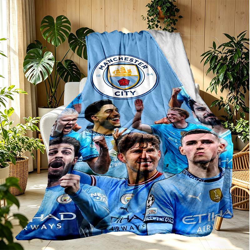 Football Team City FC Pattern Blanket for Home Decoration, Bed, Sofa, Car Travel, Camping, Suitable for All Seasons, Birthday Christmas Gift