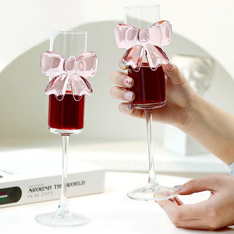Creative Pink Bow Champagne Tall Wine Glasses Sparkling Wine Glasses For Family Party Holiday And Wedding