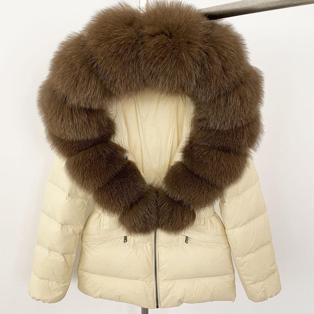 Winter new popular women's natural real fox fur collar white duck down jacket thickened waist slim down jacket