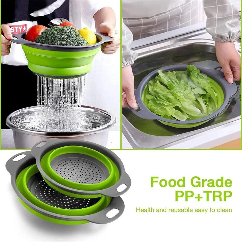 2pcs Folding Silicone Drain Basket Fruit Vegetable Washing Basket Strainer Colander Collapsible Drainer Kitchen Storage Tool