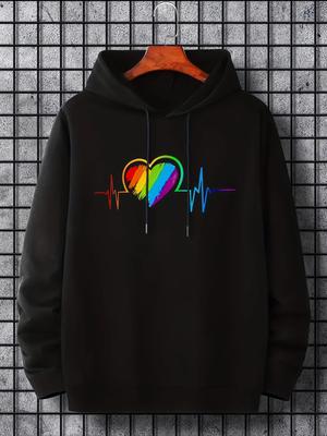 2025 Rainbow Heartprint 2D Hoodie, Men's Hoodie, Men's Casual Patterned Long Sleeve Pullover Hoodie, with Kangaroo Pocket