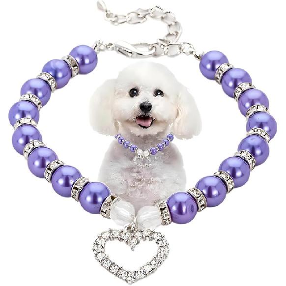 Hot Pink Pearl Dog Necklace, Beaded Cat Collar with Cute Crystal Heart Pendants Girl Dogs Necklace with Diamond Rhinestone for Puppy Small Medium