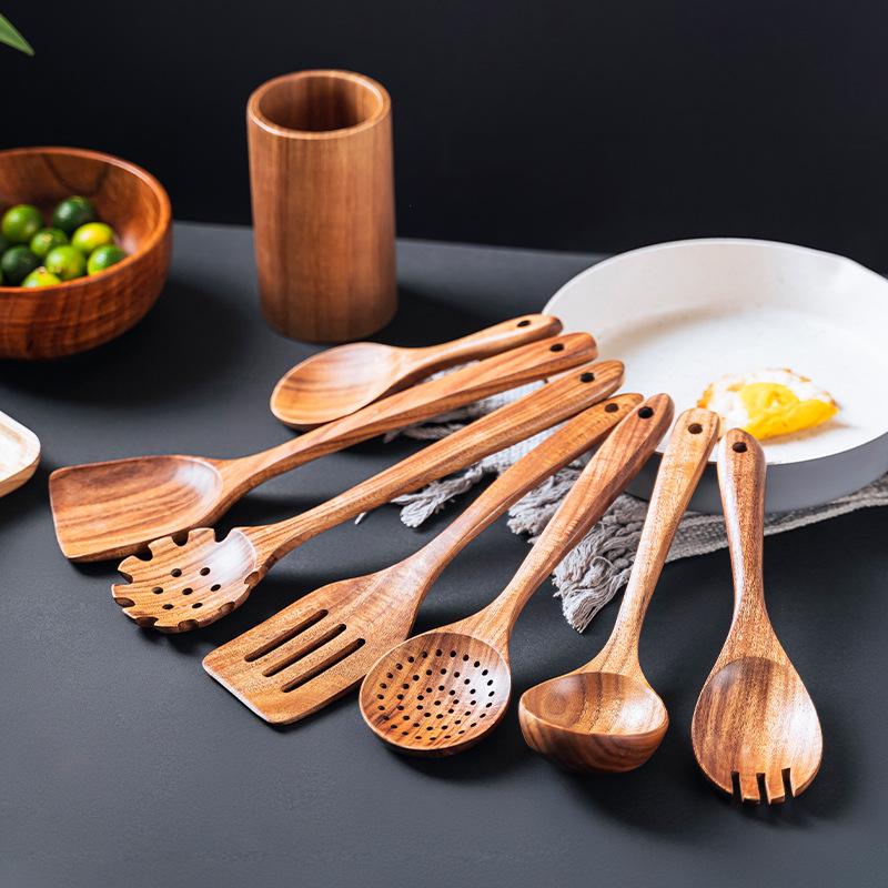 2023 Acacia Wood Long-Handle Non-stick Cooking Spatula & Ladle Set