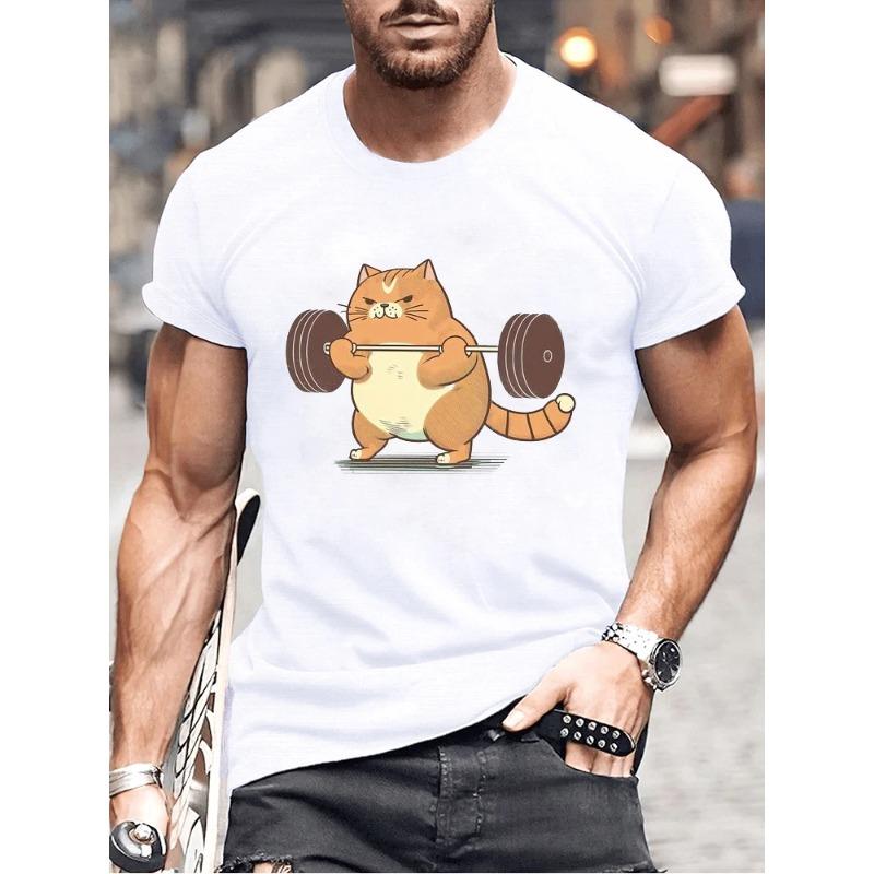 Summer Round Neck Funny Cat Weightlifting Graphic 3D Print Top Sports and Fitness T-shirts Fashionable Casual Short Sleeved Men's T-shirts