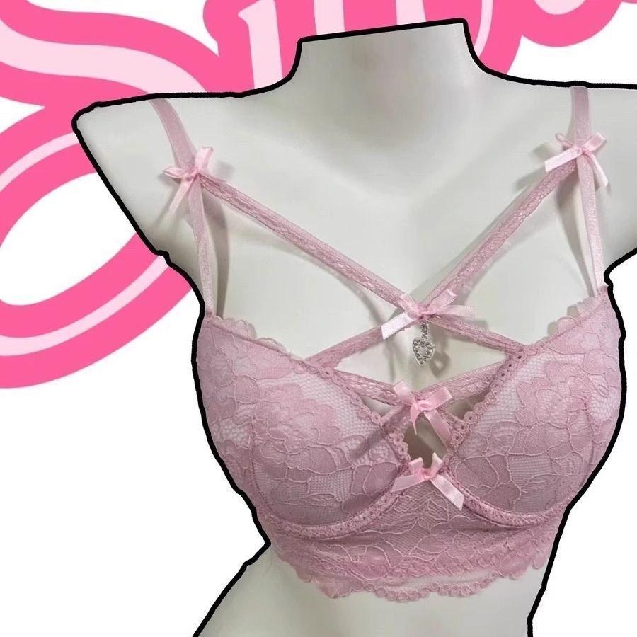 Teen Sexy Pure Lust Lace Small Chest Underwear Bra Show Big Cross Soft Steel Ring Bra Cover Set Gather