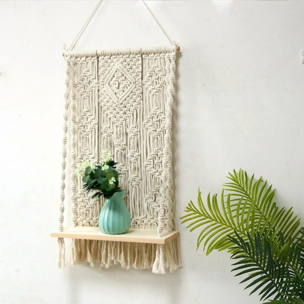 Wall Hanging Shelves Plant Shelf Rope Wooden Hanging Storage Floating Shelves Macrame Wall Hanging Shelf For Bedroom Bathroom Living Room