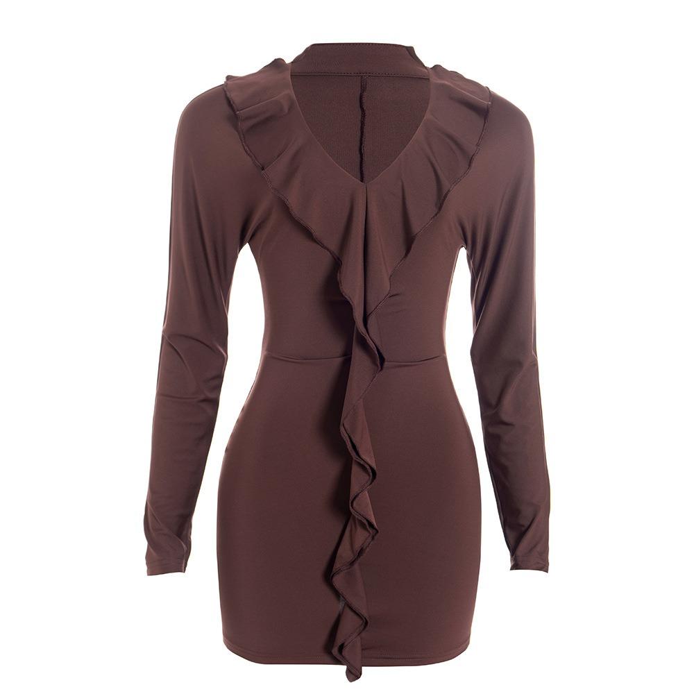Women s V Neck Long Sleeve Mini Dress Slim Fit High Waist Ruffle Ruched Bodycon Short Party Dress S