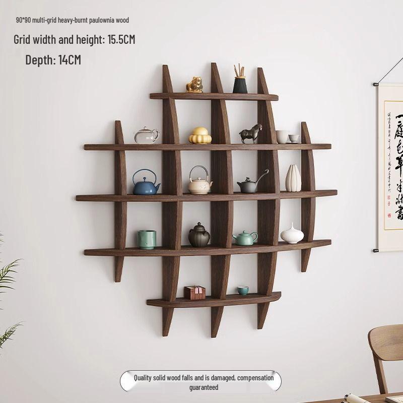 Chinese Solid Wood Wall-Mounted Teacup Rack - Antique Curio Shelf and Tea Set Display Stand