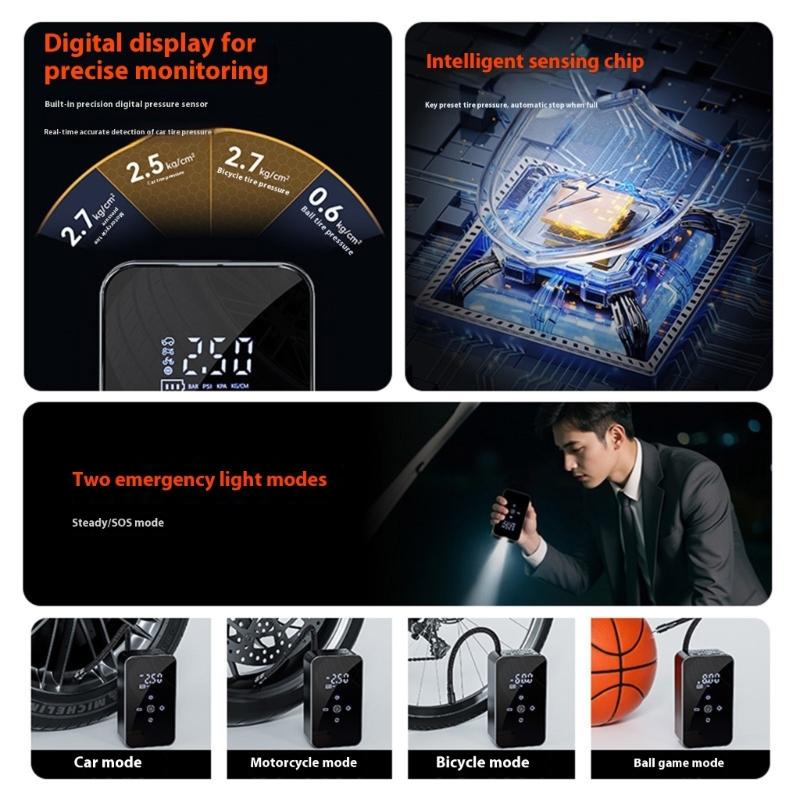 Rechargeable Air Compressor Vehicle Motorcycle Tire Inflator Pump Digital Display Pressure Gauge Detection with LED Lamp