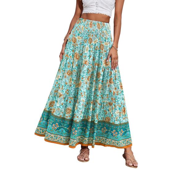 Beach Skirt Elastic High Waisted Skirt Ruffle Splicing A-Line Women Pleated Large Hem Floral Print Maxi