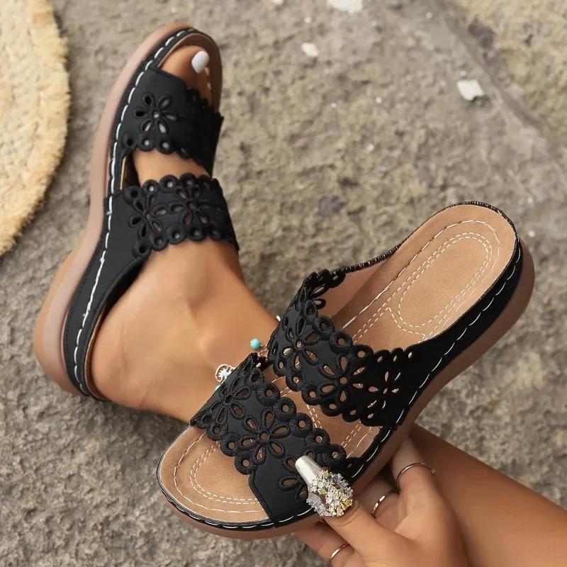 Women's Shoes 2025 Hot Sale Open Toe Women's Slippers Summer Rome Solid Outdoor Casual Beach Wedge Heel Large Size Slippers