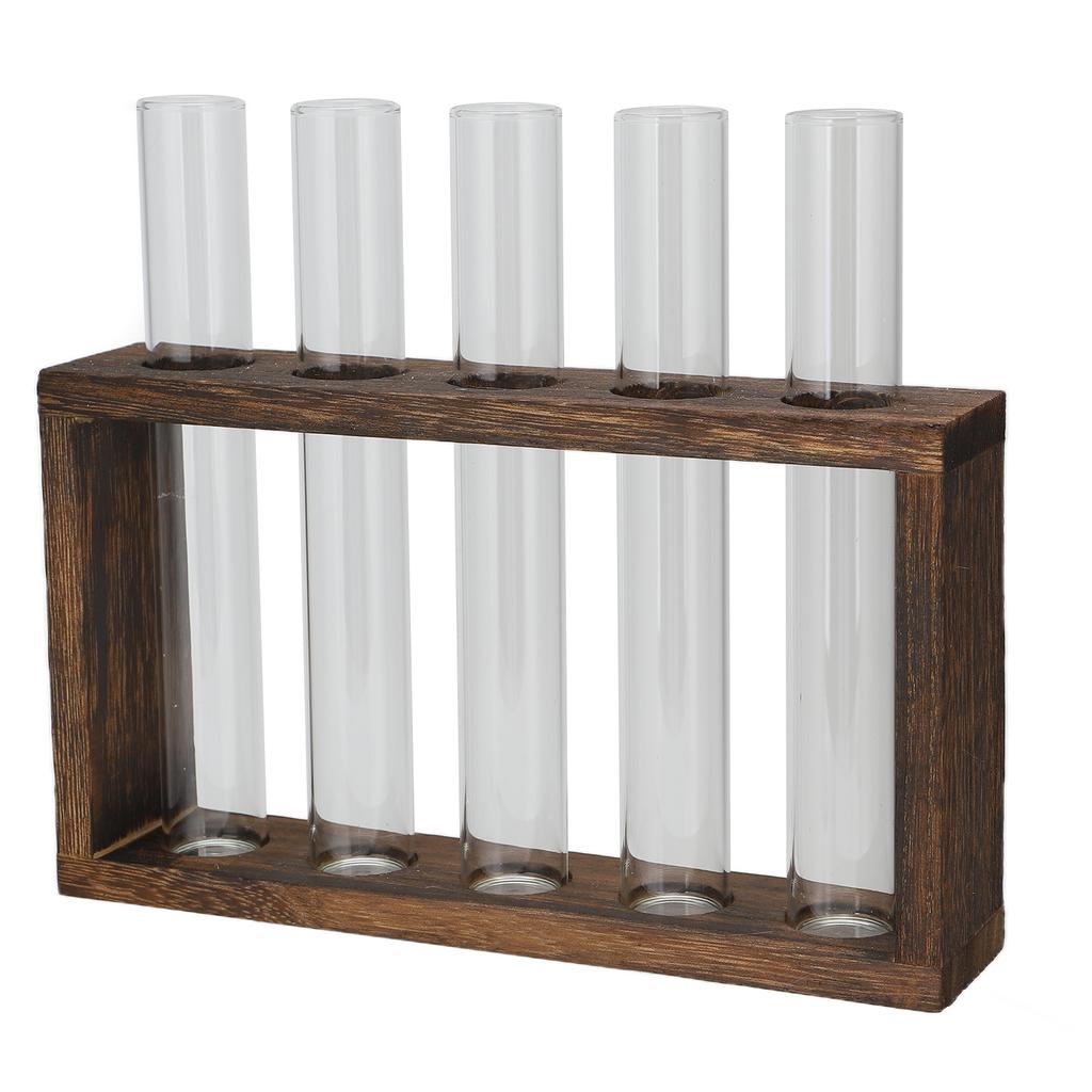 Tabletop Glass Tube Vase High Borosilicate Glass Pine Wood Frame Retro Tube Plant Vase for