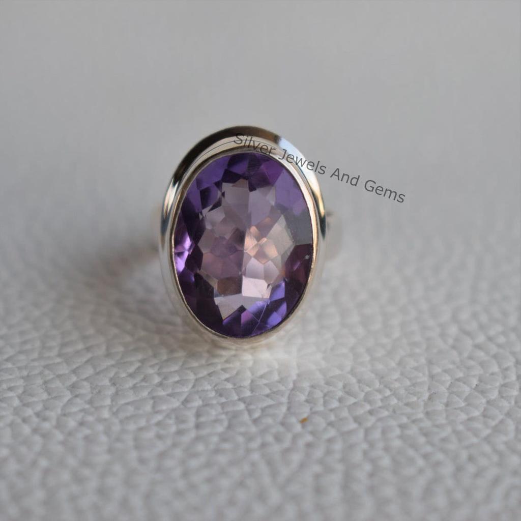 Natural Amethyst Ring, Handmade Ring, 925 Sterling Silver Ring, Oval Checker Amethyst Ring, February Birthstone Ring, Birthday Ring