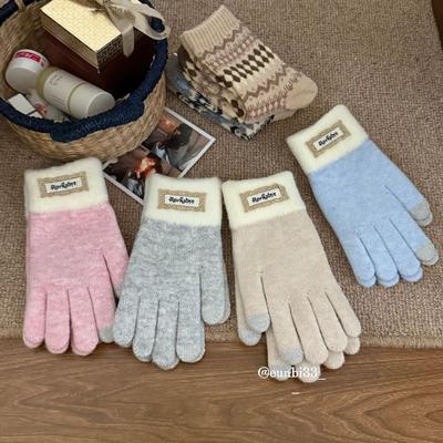 Cute Woolen Gloves for Women Plus Velvet and Thickening  Korean Style Low Saturation Cream Style Finger Gloves  Warm Five Finger Gloves