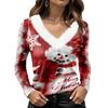 Women's Long Sleeve Christmas Print V-Neck Top with Plush Furry Collar Snowflake and Christmas Tree Design