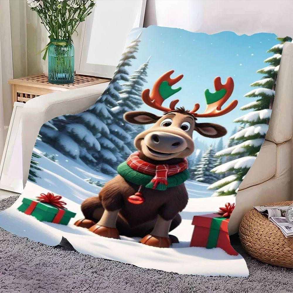 Cheerful Cartoon Reindeer Winter Holiday Throw Blanket - Cozy Faux Fur Blanket Featuring Friendly Reindeer with Green Accented A