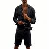 Men's Cotton And Linen Casual Long-Sleeve And Shorts Set