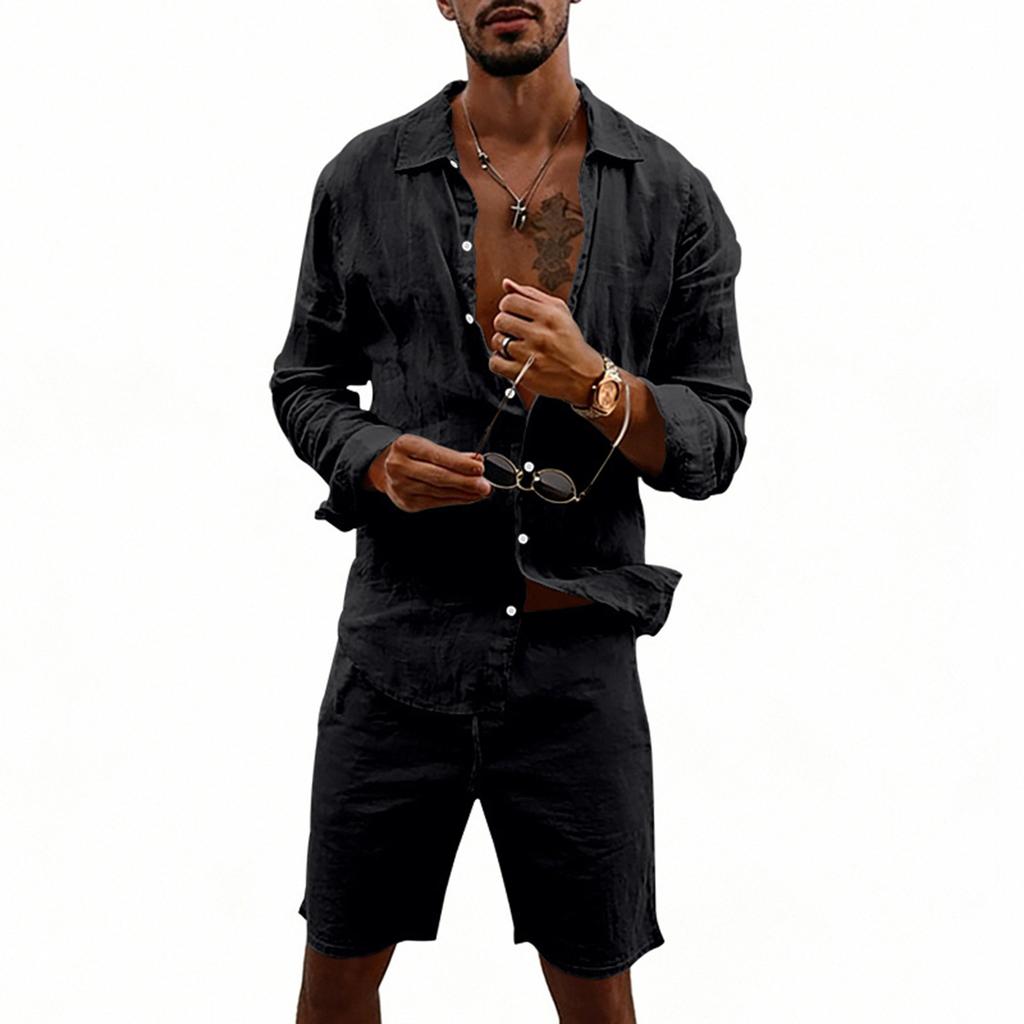 Men's Cotton And Linen Casual Long-Sleeve And Shorts Set