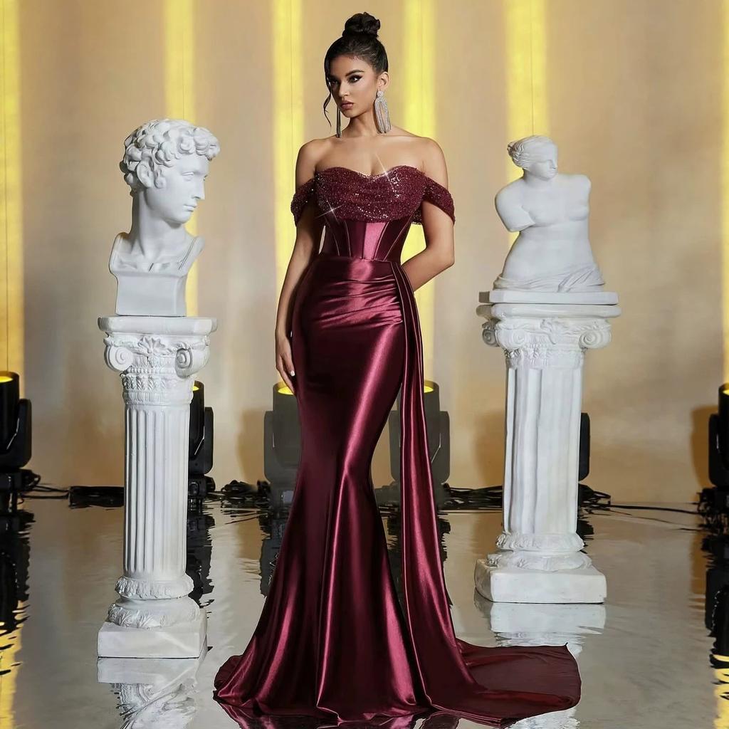 Evening dress one-word shoulder satin fishbone fishtail dress toast banquet prom evening dress plus size