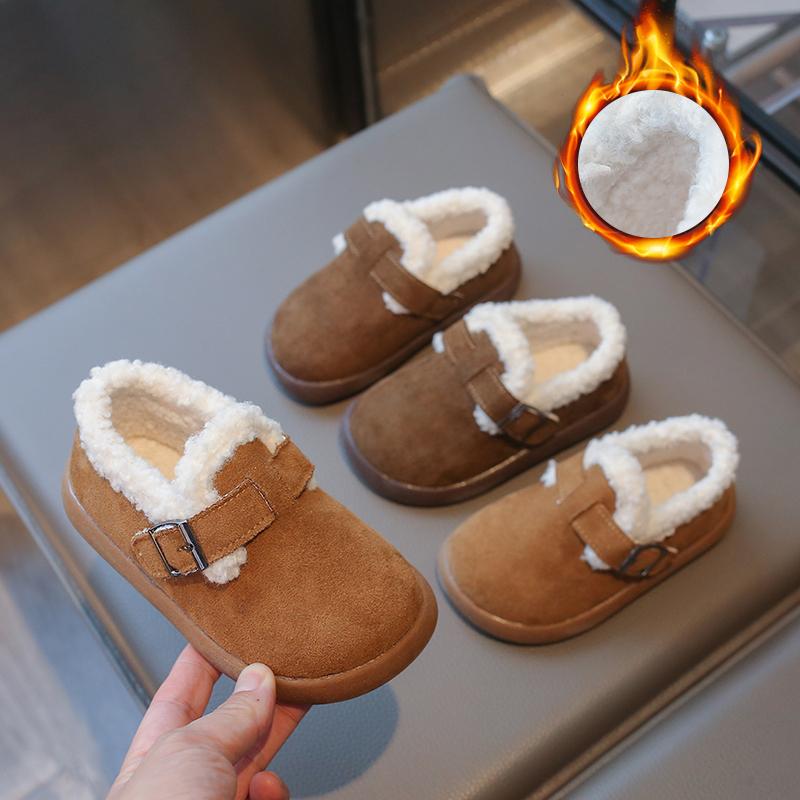 Genuine Leather Girls' Snow Boots with Plush Haken Shoes, Winter Girls' Baby Cotton Shoes with Plush Boys' Woolen Shoes