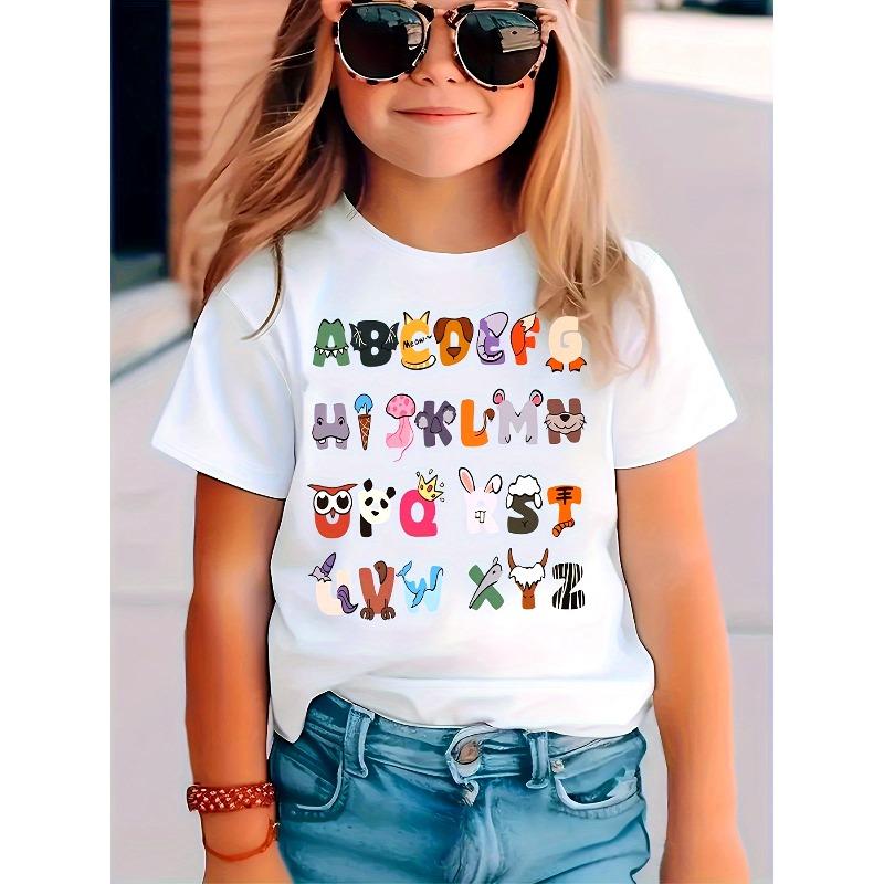 

European sizes Kids Animal Alphabet Print White T-Shirt, Crew Neck, Casual Tee, Alphabet Pattern, for Summer 98cm белый