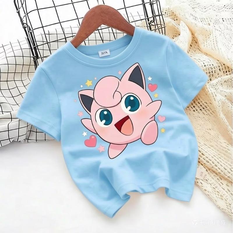 T-shirt with Pokémon Jigglypuff print for summer 2026, loose 100% cotton T-shirt for travel, games, and Y2k sports