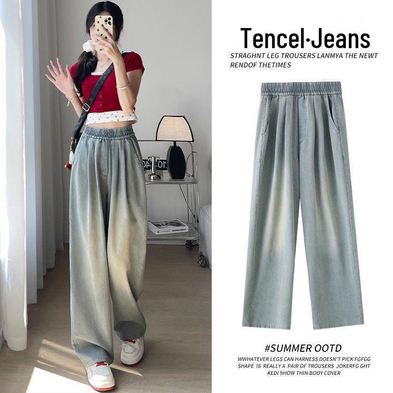 

2025 Женские светло-голубые джинсы с высокой посадкой, свободного кроя, с широкими штанинами L [Recommended 52.5-57.5 kg]