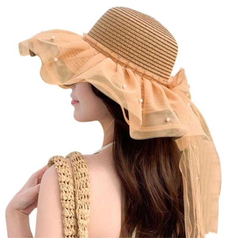 Elegant Sun Hat For Women Paper Straw Breathable And Foldable Lace Bowknot Wide Brims Panama Hat for Camping Travel