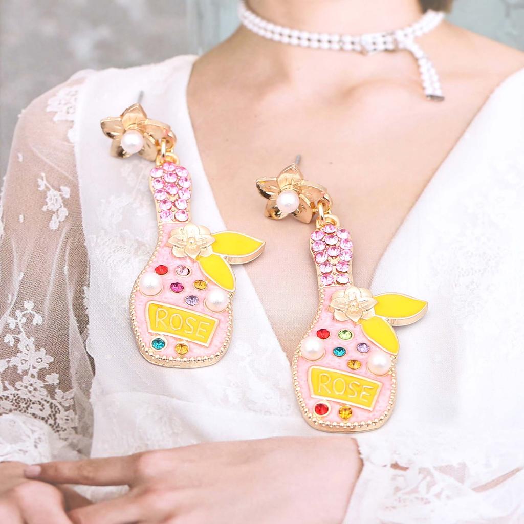 New Fashion Light Luxury Personality Temperament Creative Wine Bottle Oil Dripping Alloy Inlaid with Colored Diamonds Earrings