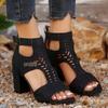 Women's Chunky Heel Peep Toe Cutout Backless High Heel Sandals with Hook & Loop Back Zipper