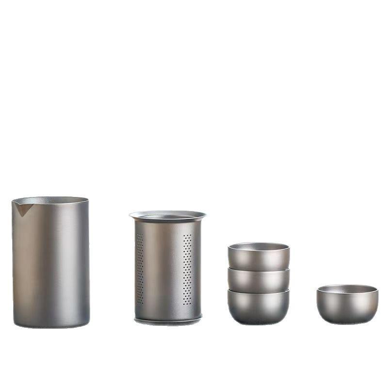 Portable Titanium Tea Set 8-Piece Camping Travel Kit With Canister 4 Cups Modern Minimalist Outdoor Gear