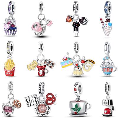 925 Silber Dessert Charms Perlen 3mm DIY Schmuckherstellung Nachmittagstee Serie Kaffee Kuchen Pizza Pommes Süß