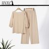 HNXC Plus Size Women Casual Button Mid Sleeve Pocket Solid Colour Cotton V-Neck Top Pants Set