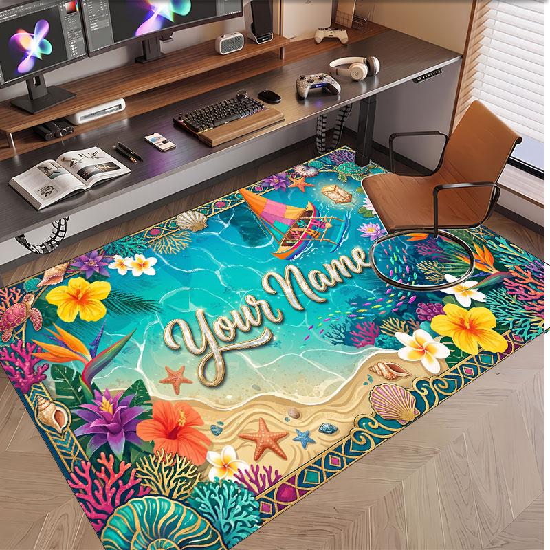 Fish Ocean Theme Soft Crystal Velvet Rug Custom Name & Text Print Non Slip Floor Rug for Bedroom Living Room