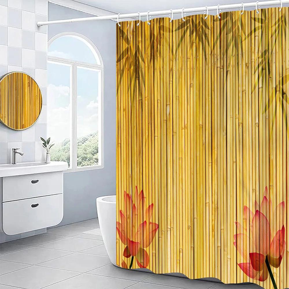 3D Bambu Duschdraperi Set Träådring Mönster Blommor Lotus Målning Badrumsdekor Polyestertyg Badskärmar Cortina Ba